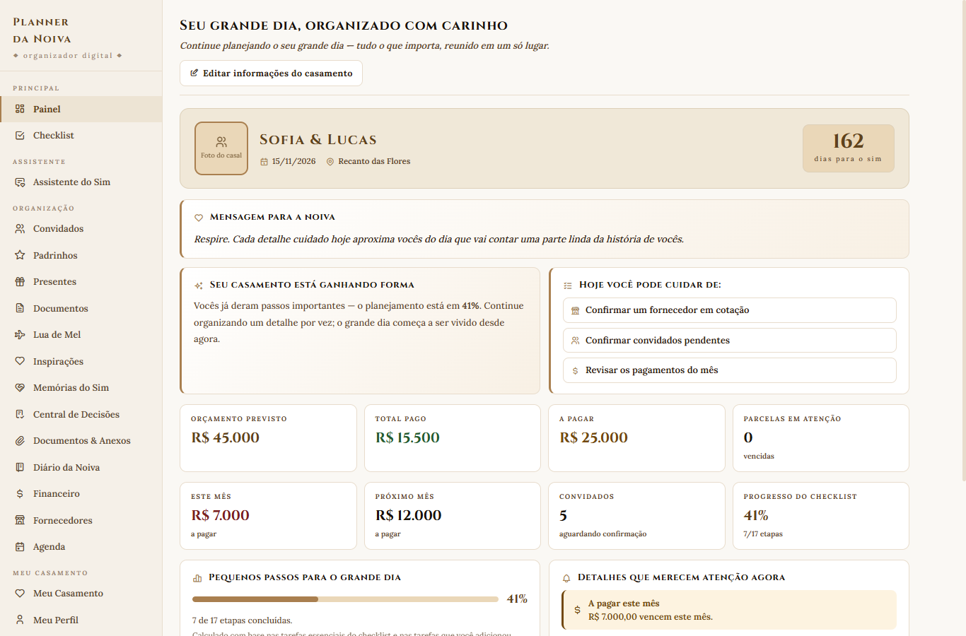Dashboard do Planner Digital da Noiva mostrando dias para o casamento, financeiro e progresso