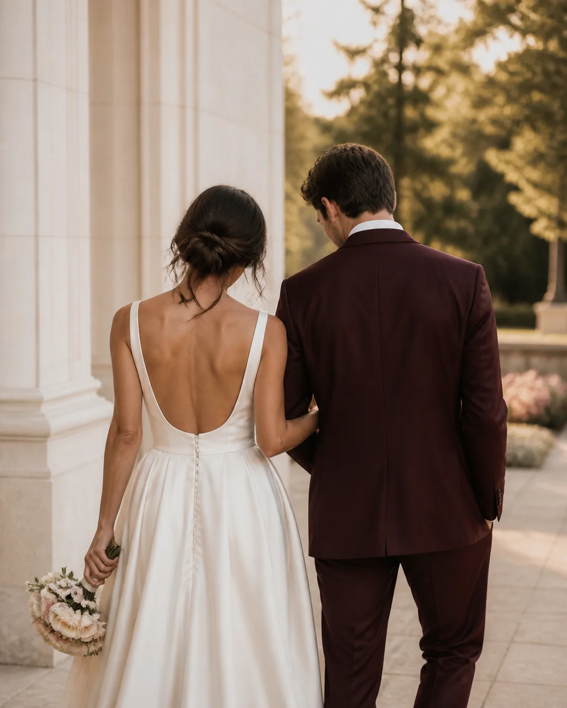 Casal recém-casado caminhando após a cerimônia